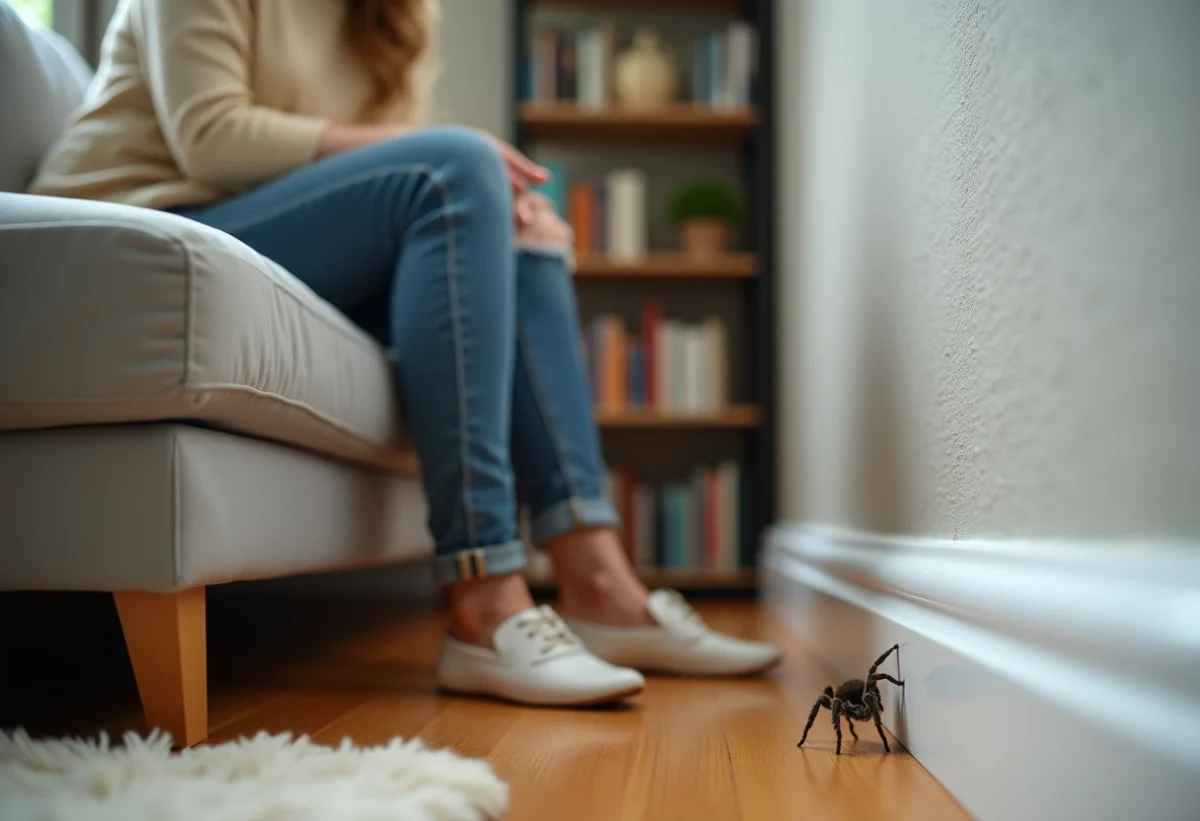Femme assise observant une petite araignee dans le salon