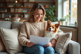 Femme lisant des documents d'assurance avec son chien dans le salon