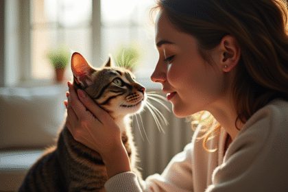 Jeune femme caressant un chat tabby à la maison