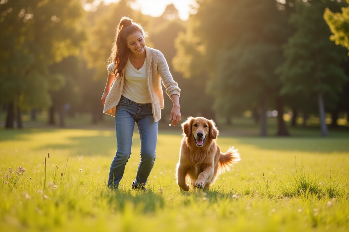 Femme souriante jouant avec son chien dans un parc ensoleille