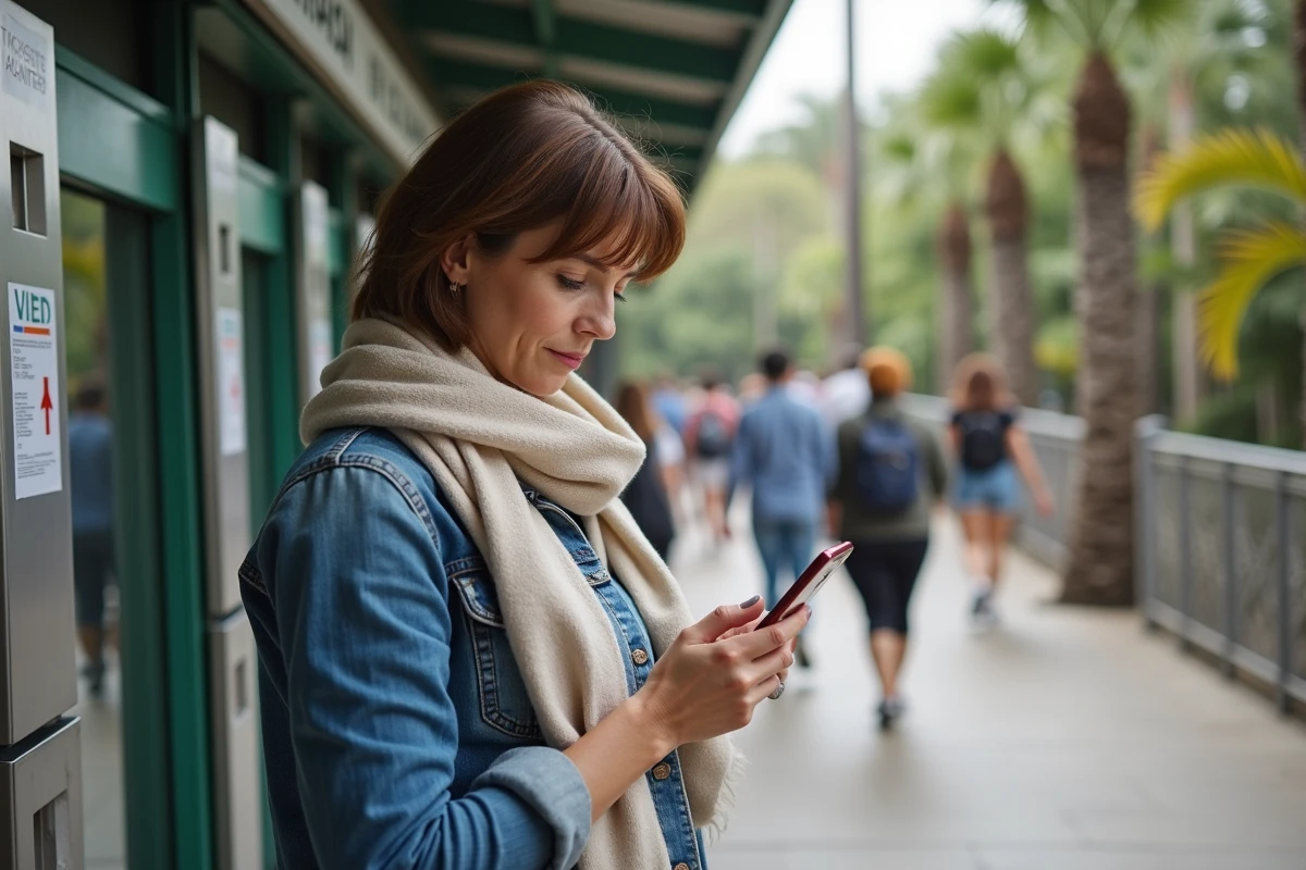 Femme vérifiant son ticket au kiosque d