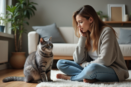 Femme calme avec chat en posture défensive dans un salon