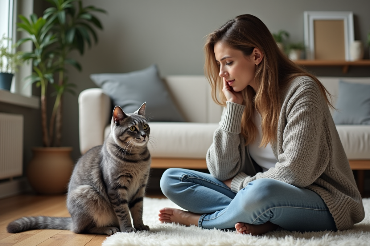 Femme calme avec chat en posture défensive dans un salon