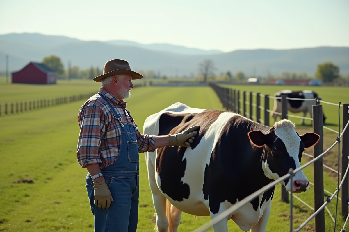 Ferme avec fermier et vache dans un champ rural