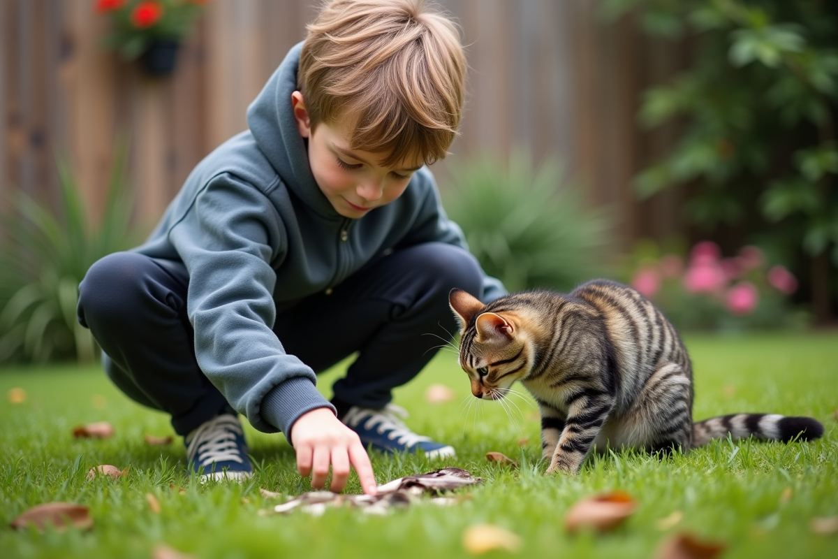Garçon adolescent dans un jardin avec son chat et des plumes d
