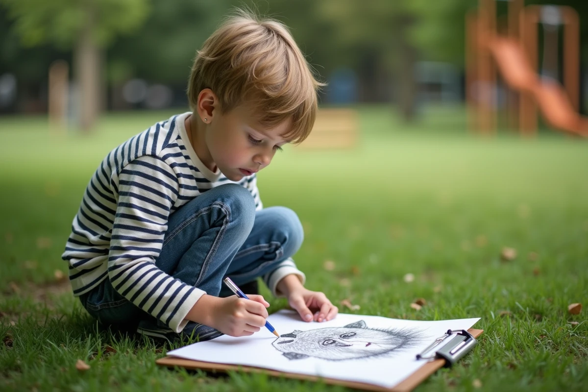 Garçon dessinant un loup en extérieur dans un parc