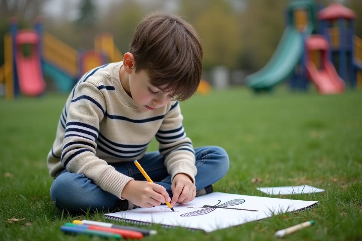 Garçon de huit ans dessinant un libellule dans un parc