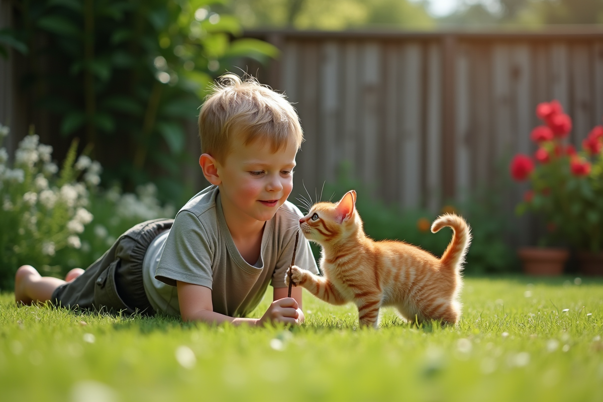 Garçon jouant avec son chat dans un jardin verdoyant