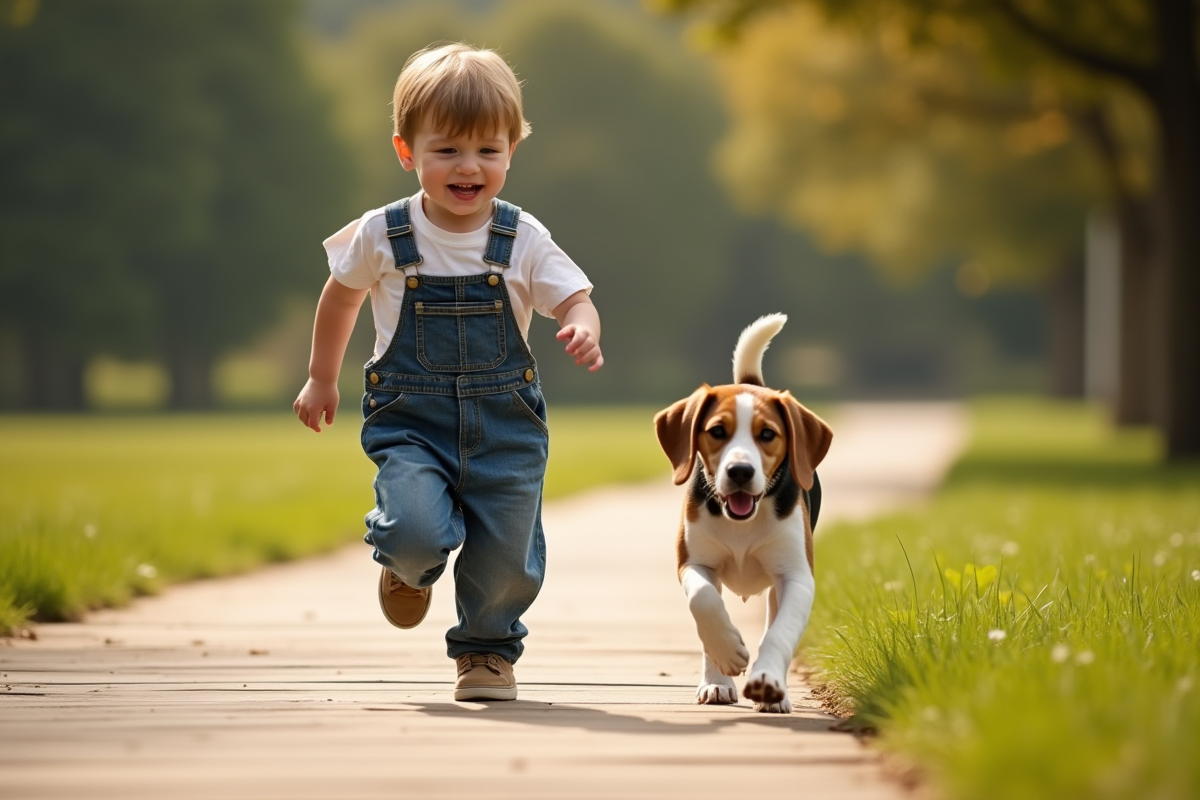 Jeune garçon courant avec un beagle dans un parc ensoleille