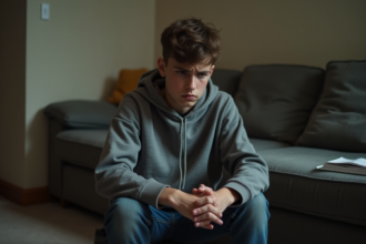 Jeune garçon inquiet assis dans un salon modeste