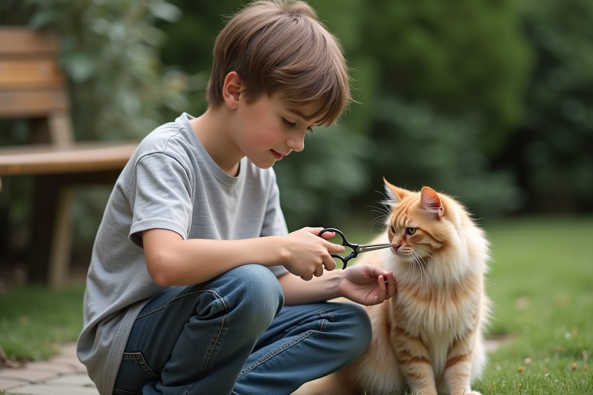 Adolescent coupant les poils d’un chat persan dans le jardin
