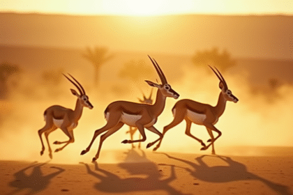 Groupe de gazelles courant dans la savane ensoleillee
