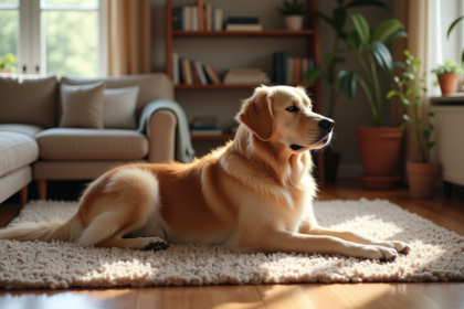 Golden Retriever calme dans un salon lumineux