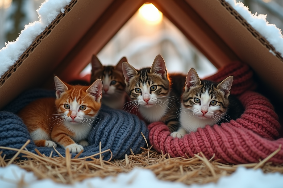 Groupe de chats errants dans un abri en carton avec couvertures