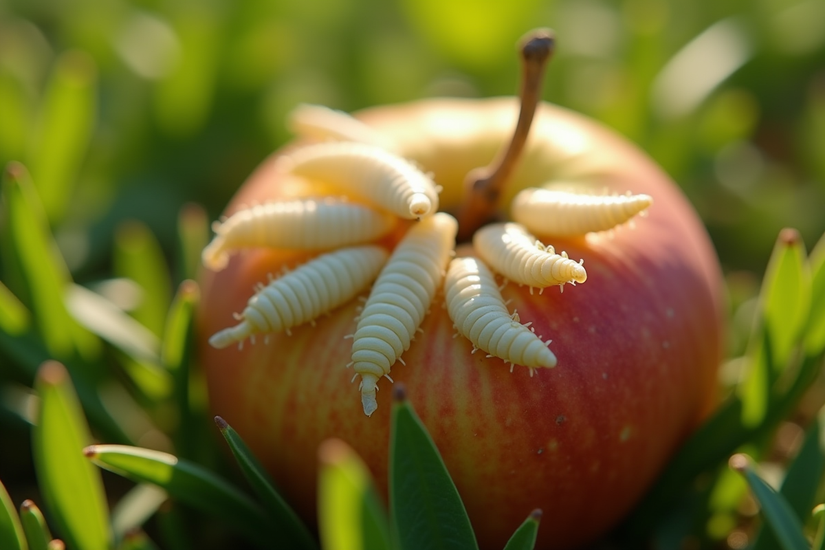 Plusieurs asticots blancs sur une pomme en décomposition
