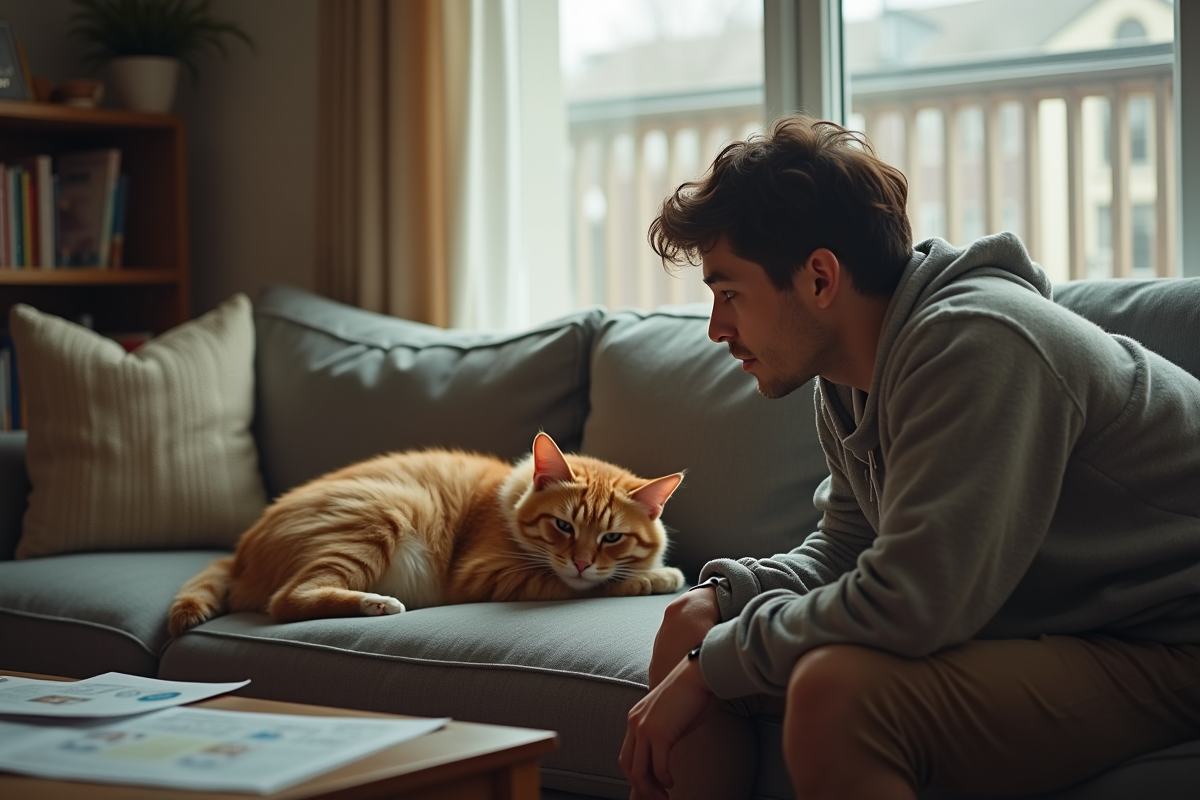 Homme regardant son chat orange sur le canapé à la maison