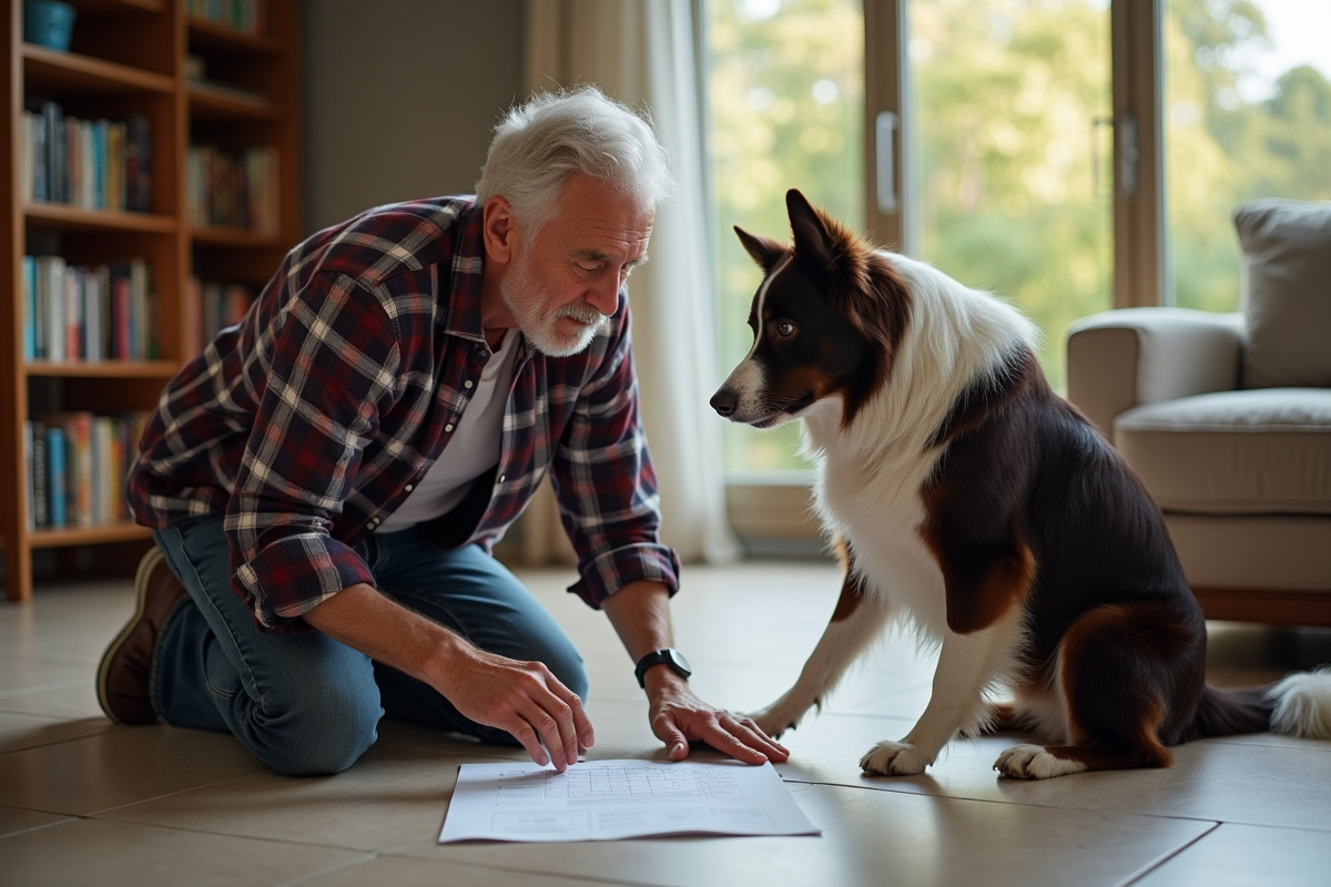 Homme âgé examinant un chien avec un vétérinaire à la maison