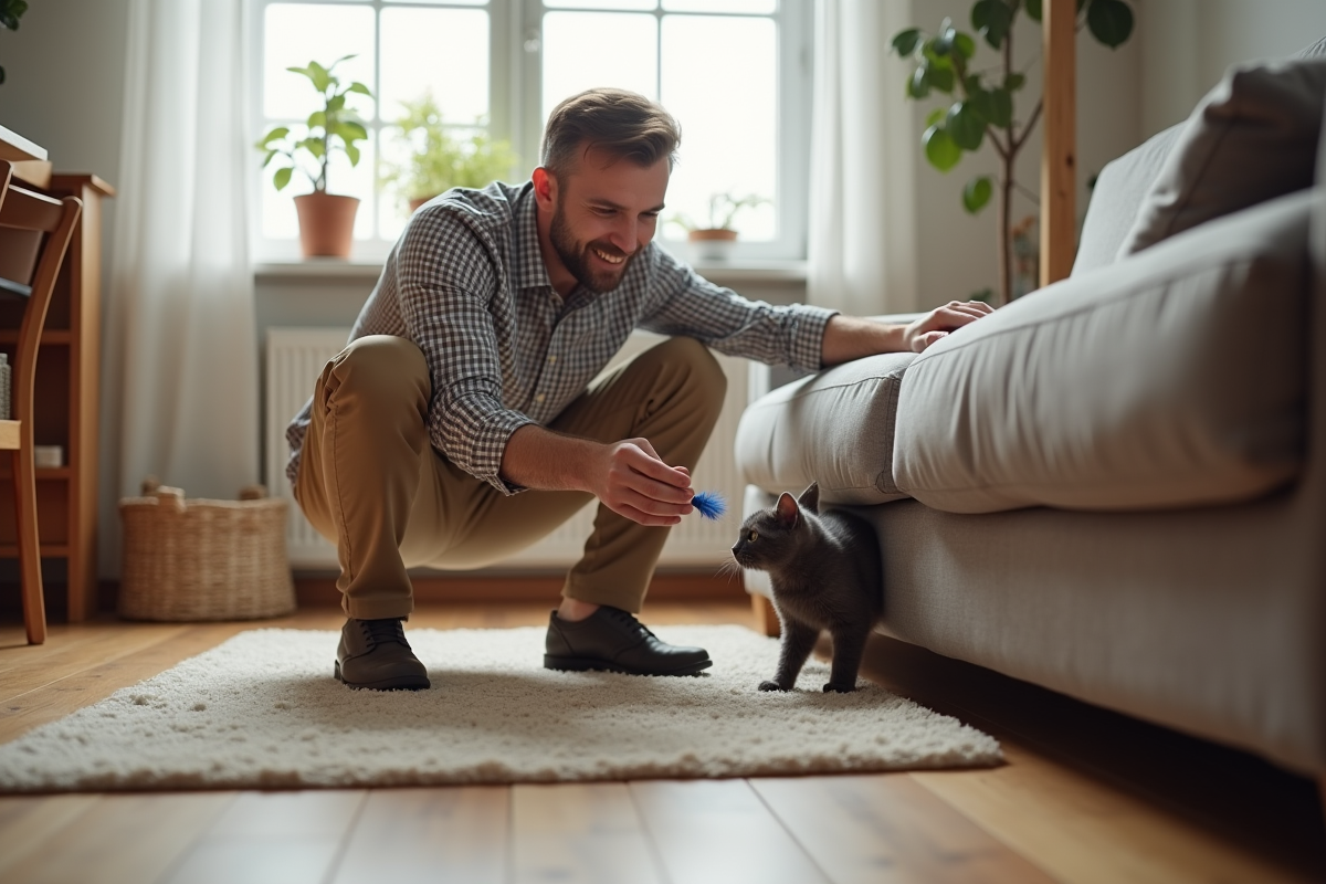 Homme avec chaton gris dans un appartement lumineux
