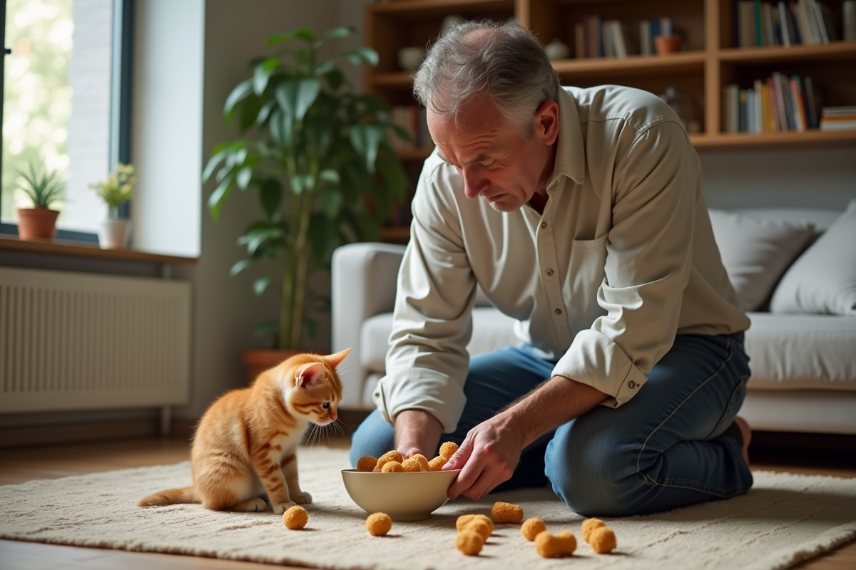 Homme donnant des croquettes à un chat dans le salon