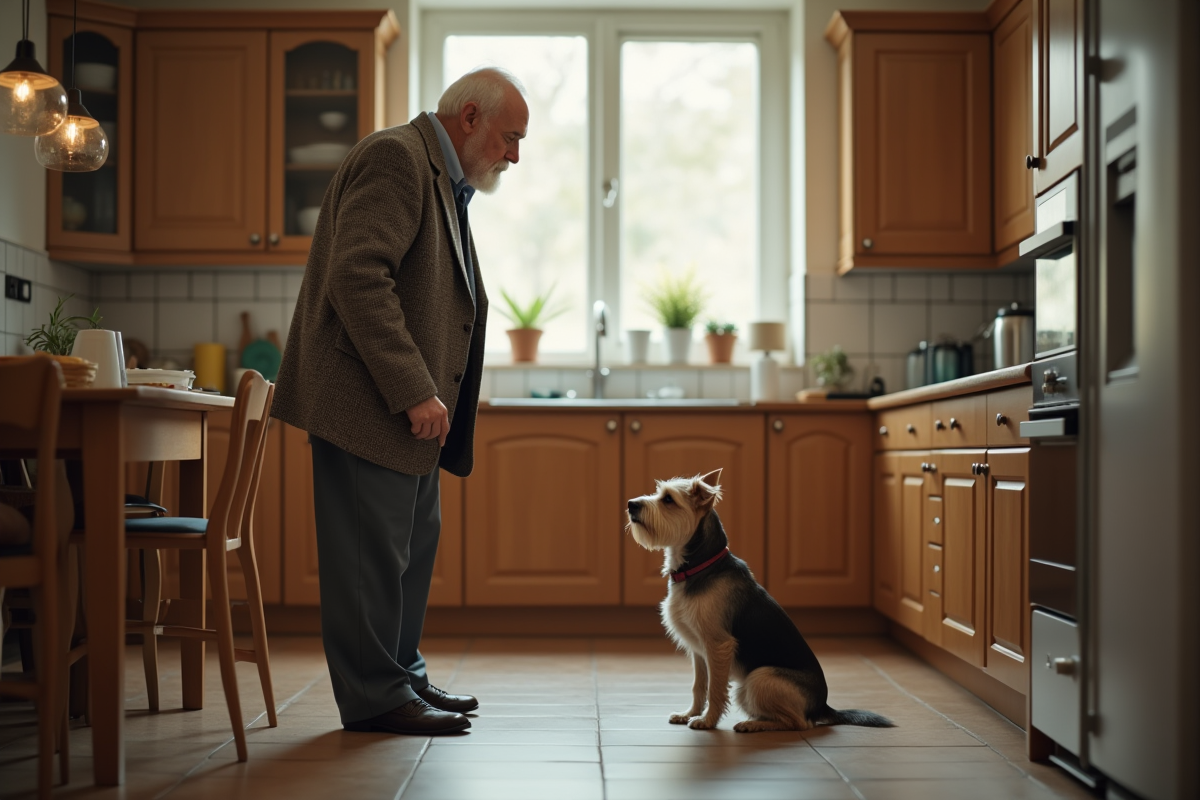 Homme âgé avec son chien dans la cuisine lumineuse