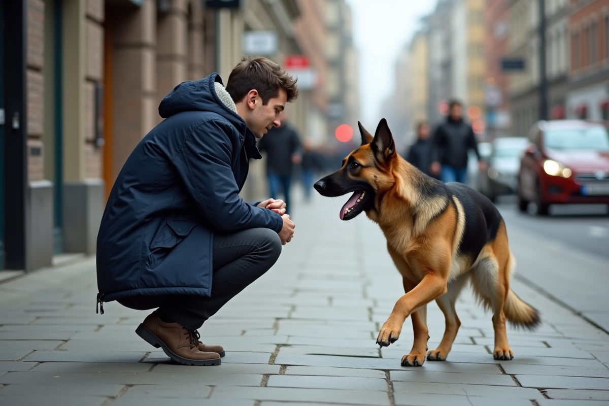 Jeune homme avec chien berger allemand en ville