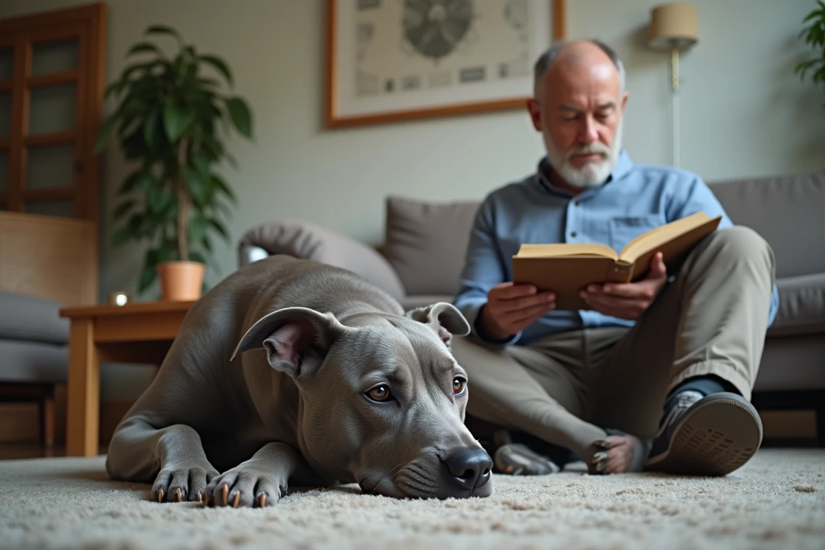 Homme lisant avec son chien dans un salon chaleureux