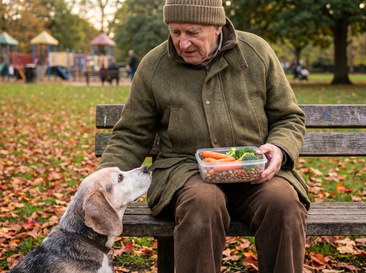 Homme âgé avec son chien dans un parc en automne