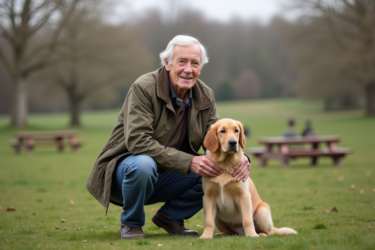 Homme âgé avec un chiot dans un parc en plein air