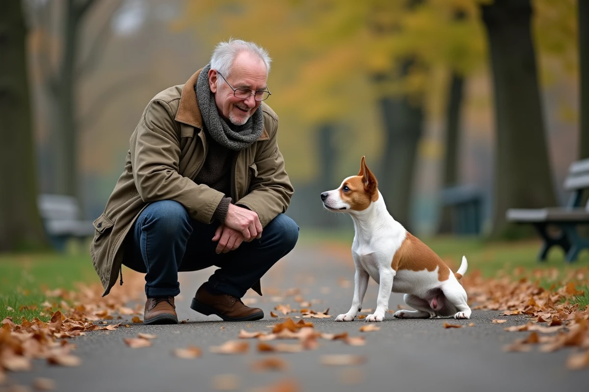 Homme âgé avec chien jack russell dans un parc