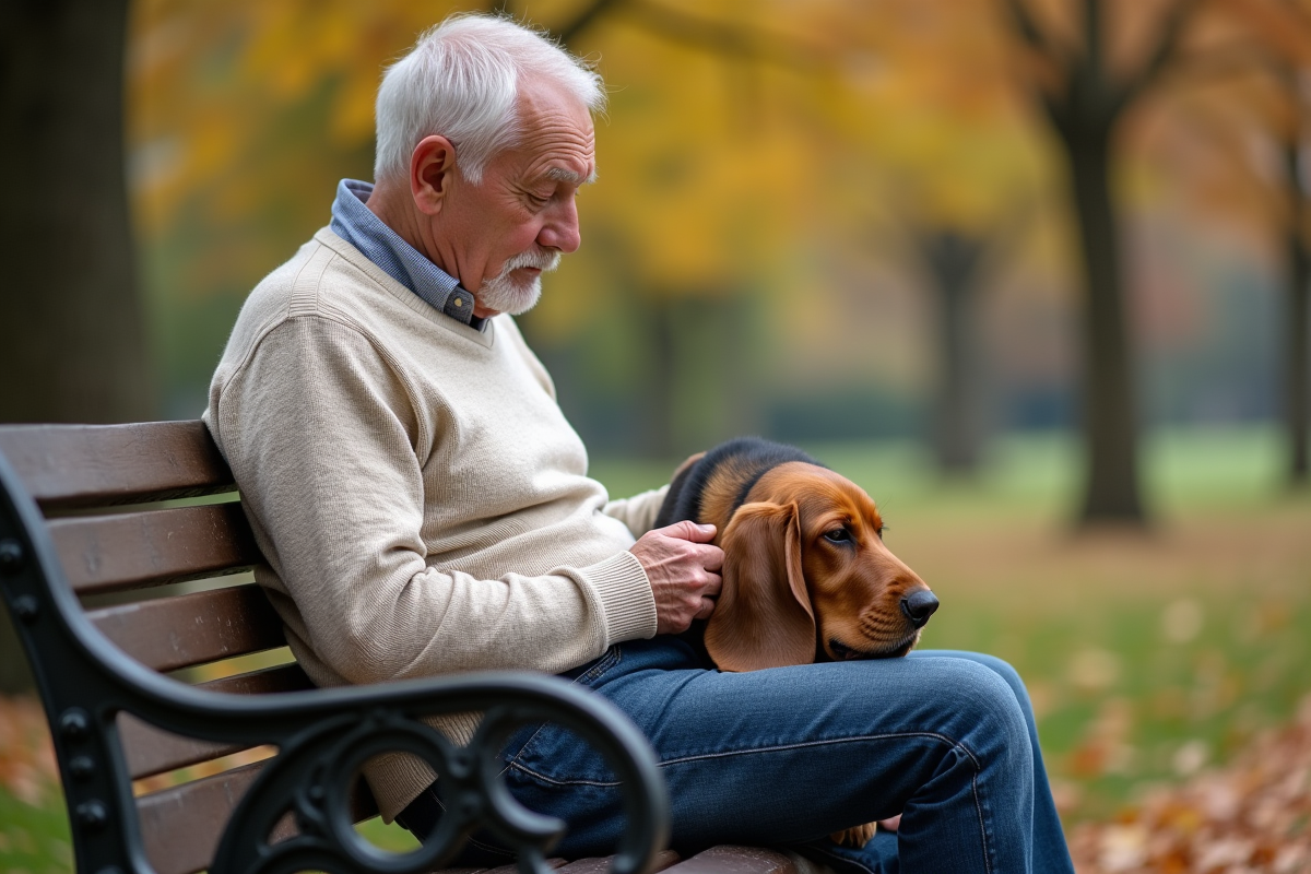 Homme âgé avec un basset dans un parc en automne
