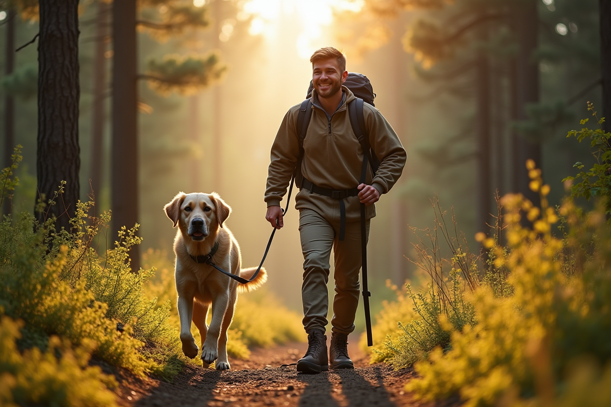 Homme randonneur avec son chien dans la forêt au matin