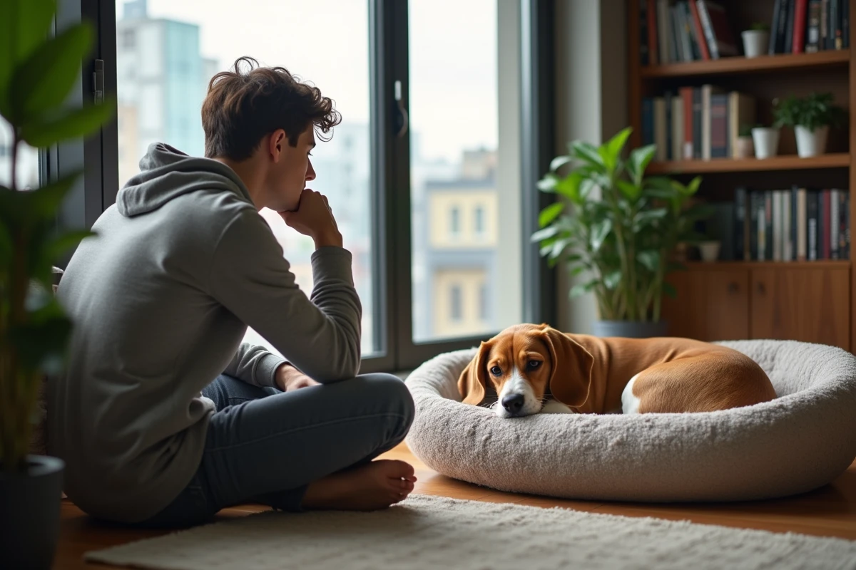 Jeune homme regardant un chien beagle dans un intérieur urbain