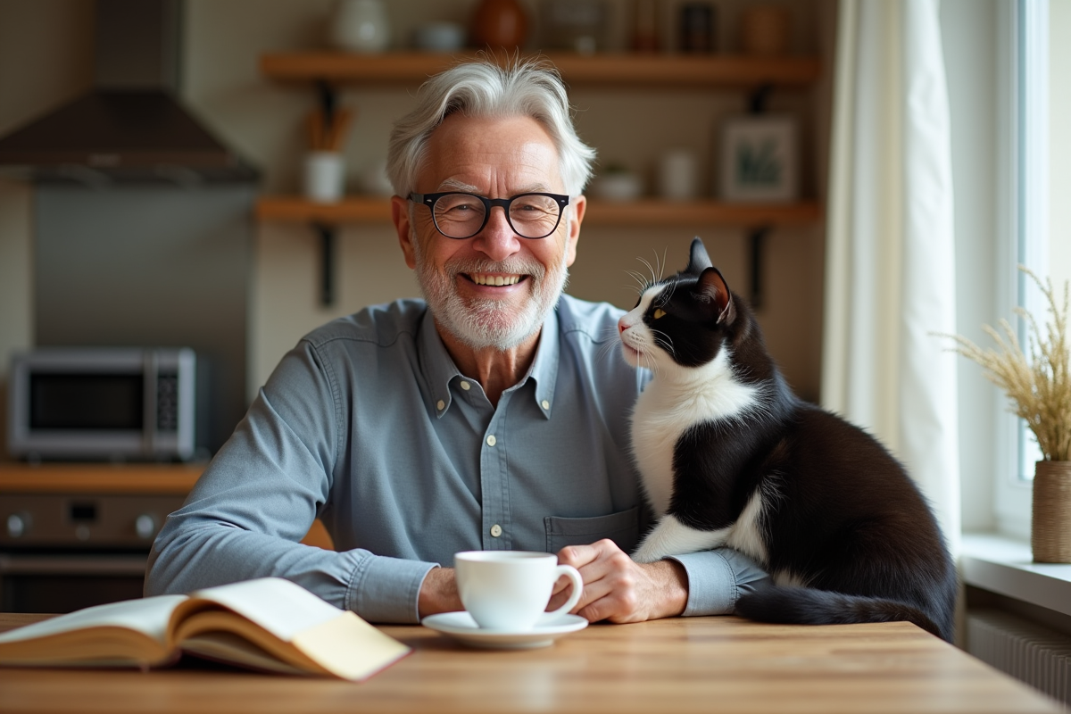 Homme âgé souriant avec un chat noir blanc à la maison