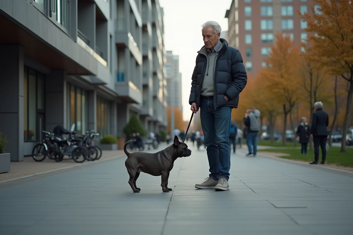 Homme âgé avec chien bleu en ville