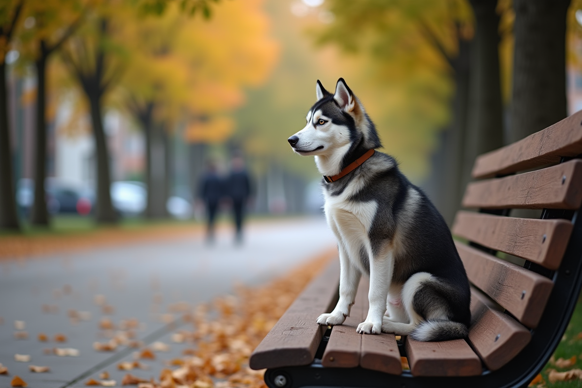 Siberian Husky assis sur un banc dans un parc