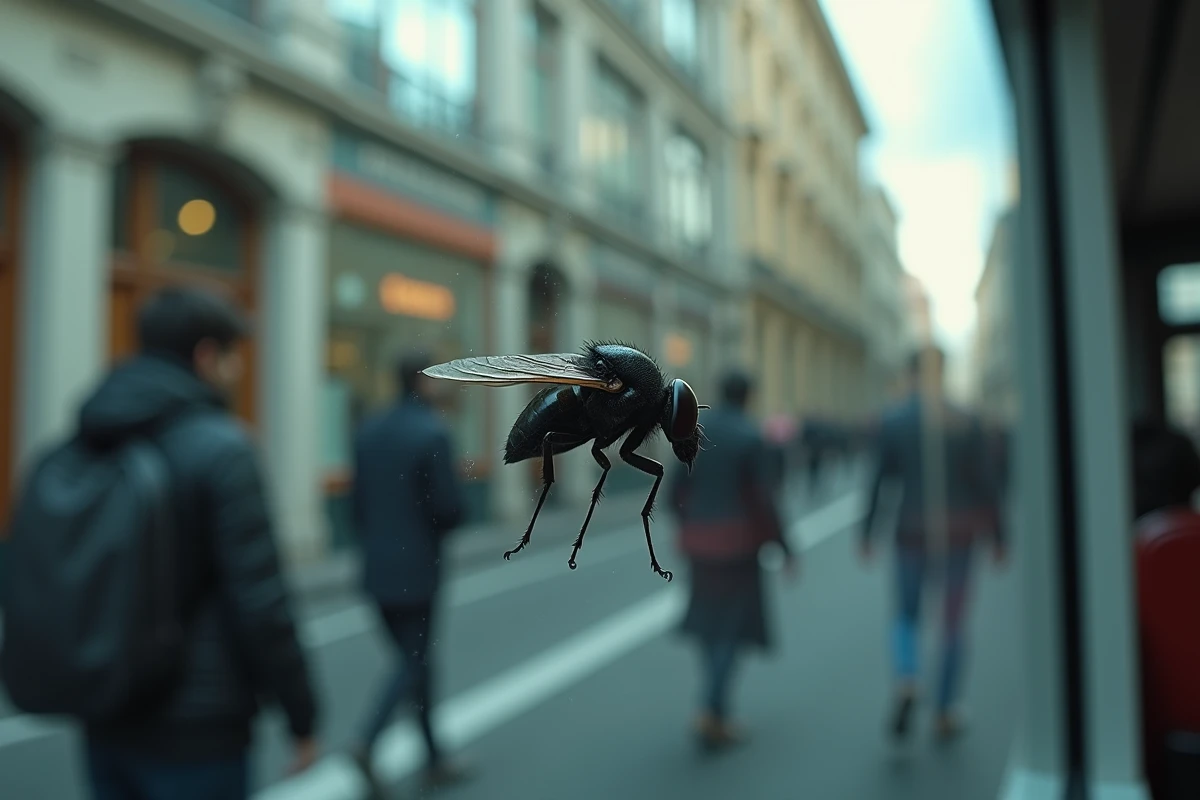 Gros plan d’un insecte sur la vitre d’un bus urbain