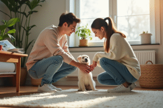 Jeune couple avec chiot dans un salon chaleureux