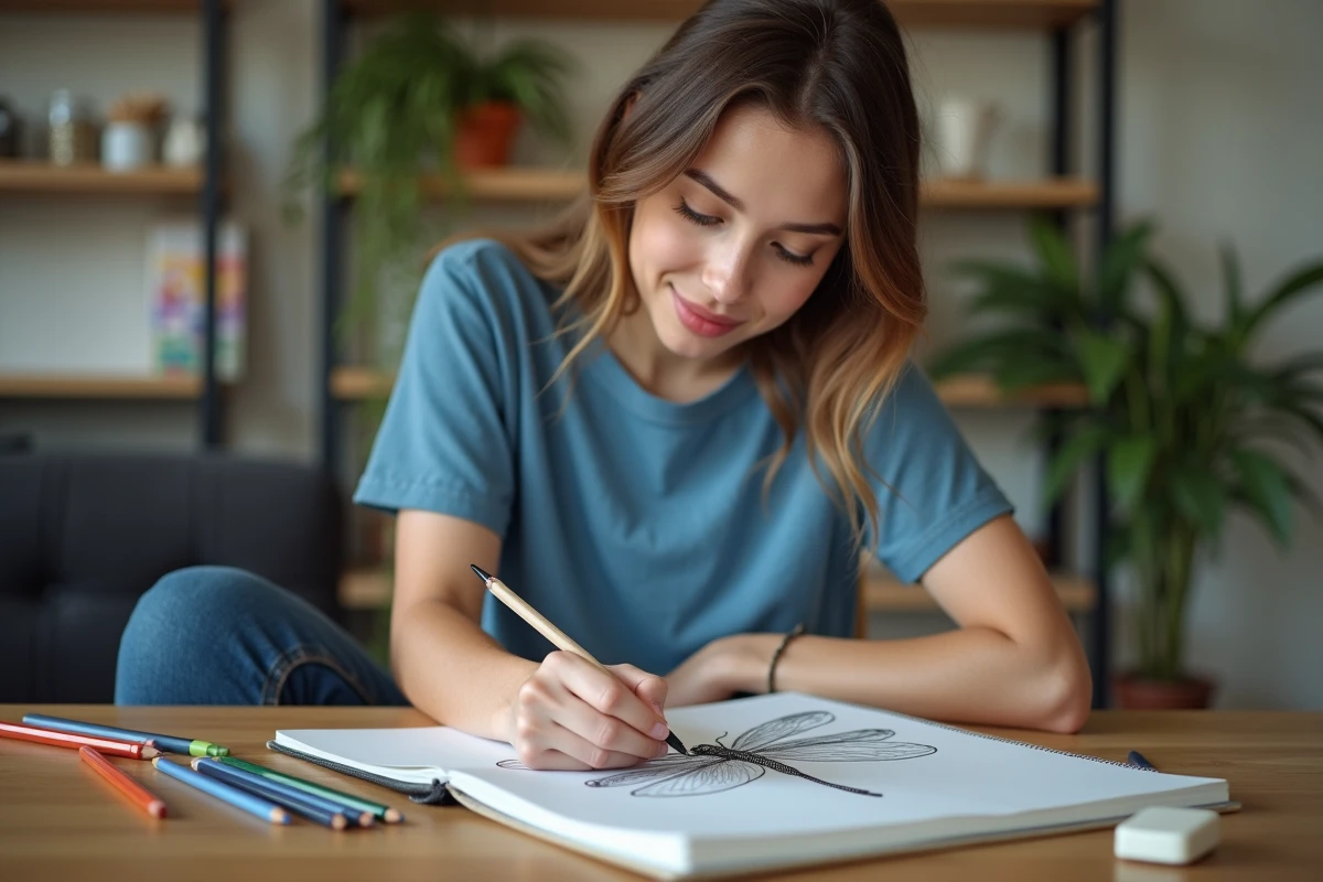 Jeune femme en bleu dessinant un libellule dans un carnet