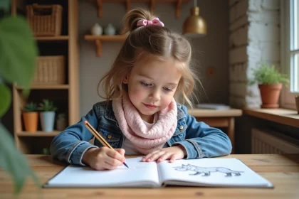 Jeune fille dessinant un loup dans son carnet à la maison
