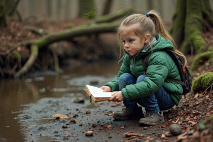 Jeune fille dans la forêt observe des traces d'animaux