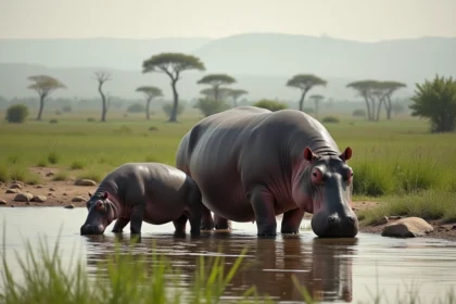 Jeune hippopotame à côté d'un adulte dans la rivière