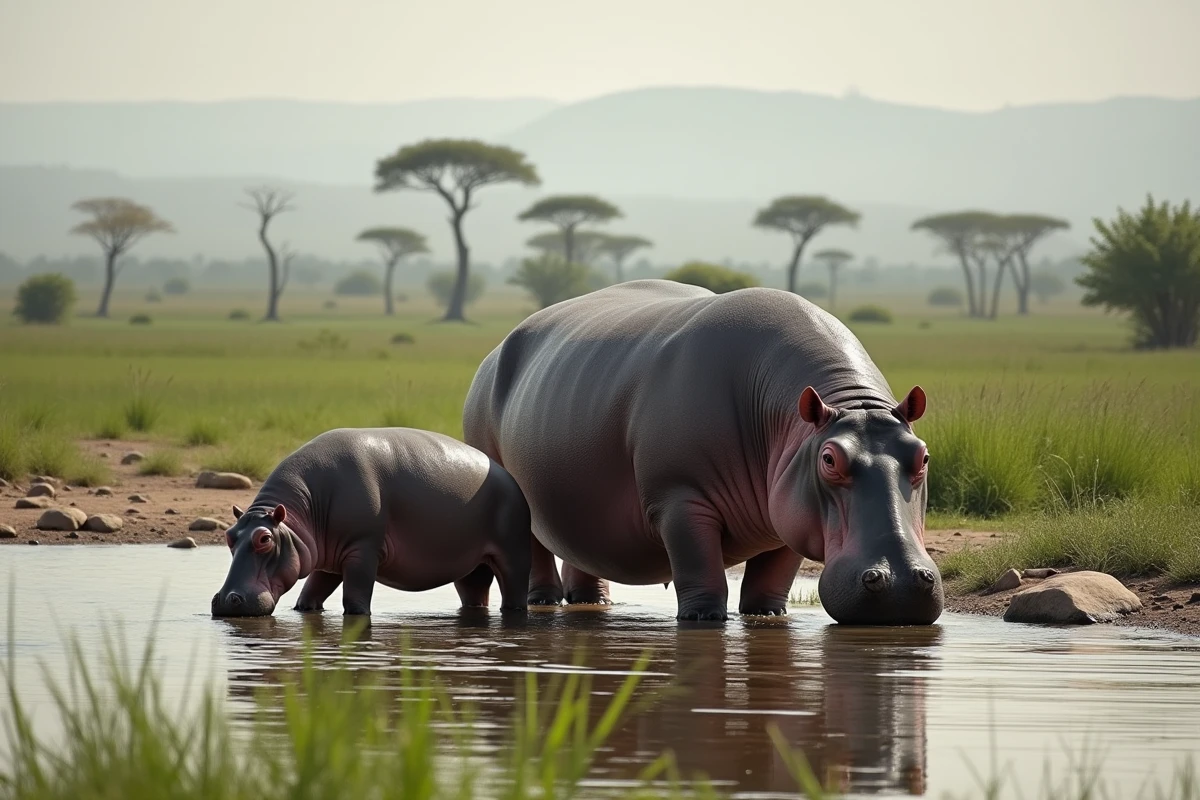 Jeune hippopotame à côté d'un adulte dans la rivière