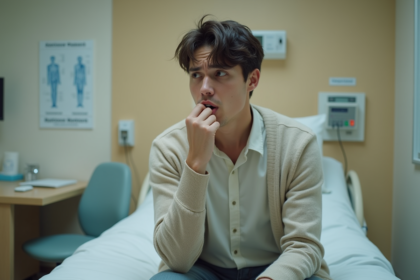 Jeune homme anxieux assis sur un lit d'hôpital