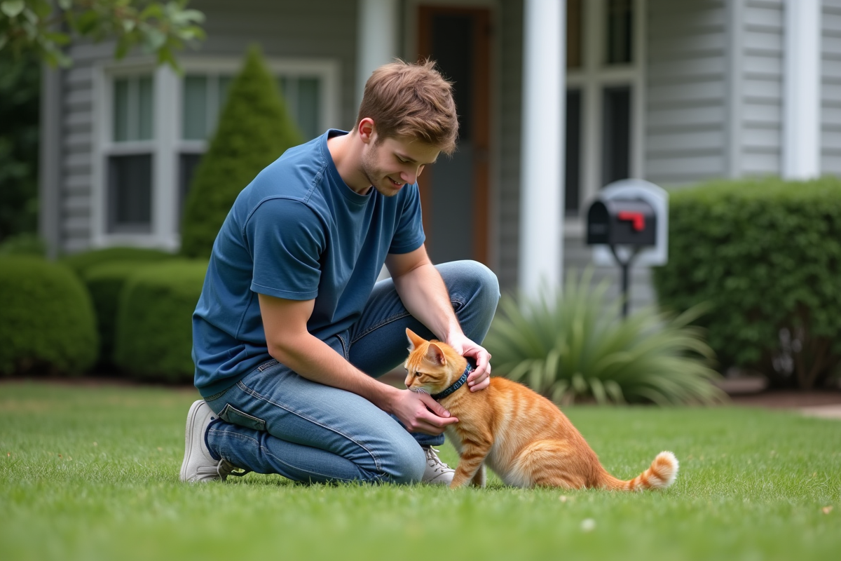 Jeune homme joue avec un chat roux dans le jardin