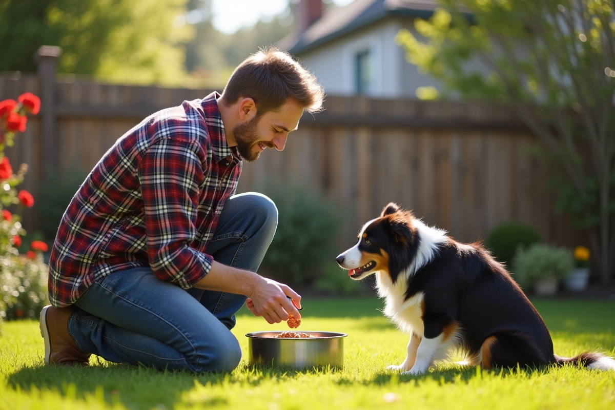 Jeune homme mesurant nourriture pour chien dans un jardin ensoleille