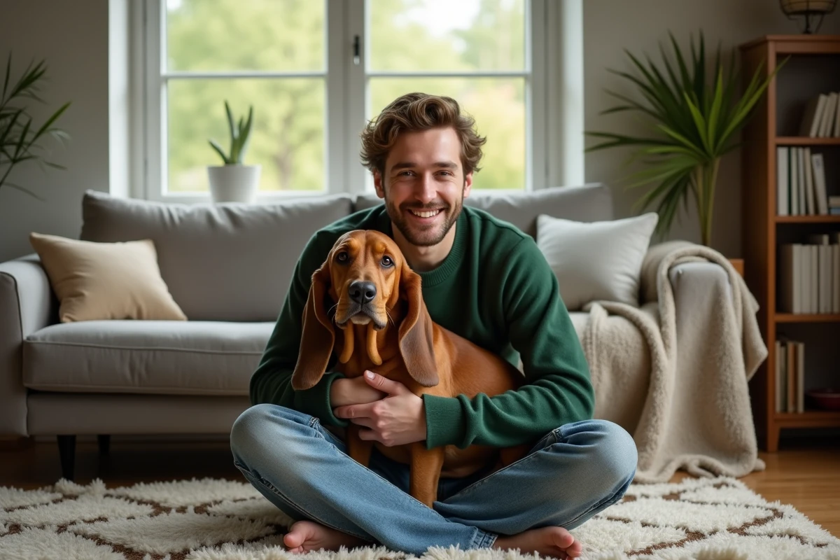 Jeune homme avec Basset Hound dans le salon chaleureux