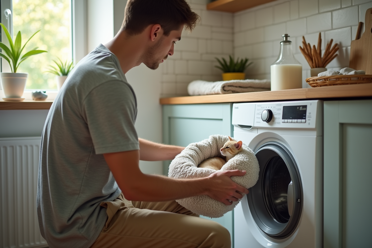 Jeune homme chargeant des housses de lit dans la machine à laver