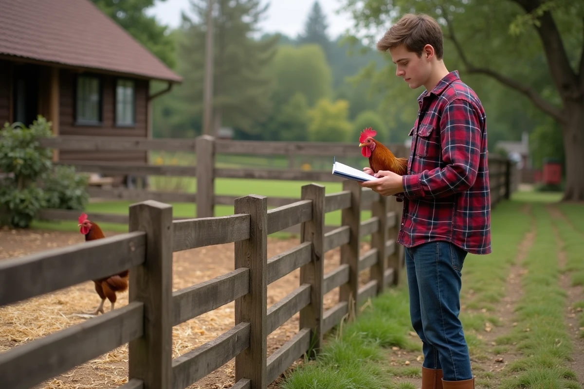 Jeune homme observe un coq dans un jardin rural
