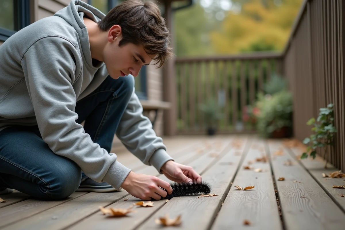 Jeune homme posant un papier a un caterpillar sur le sol en bois