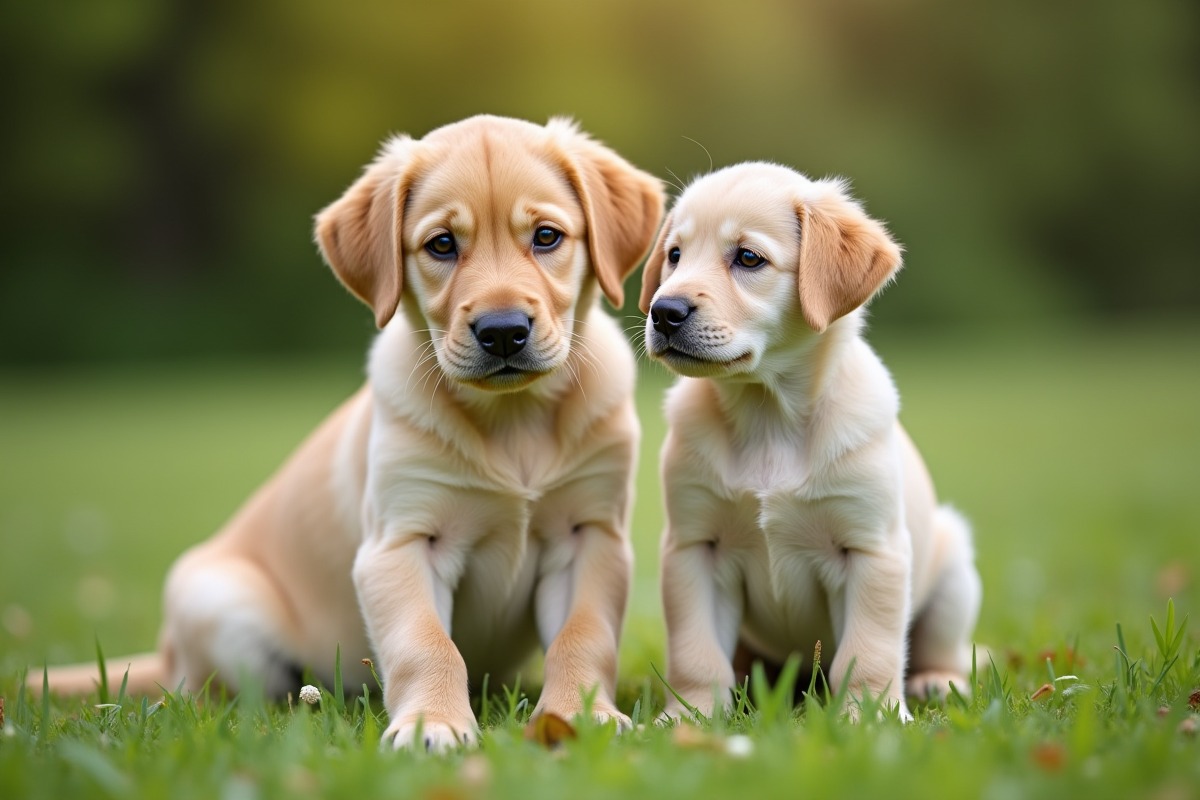 Labrador assis avec un chiot sur l